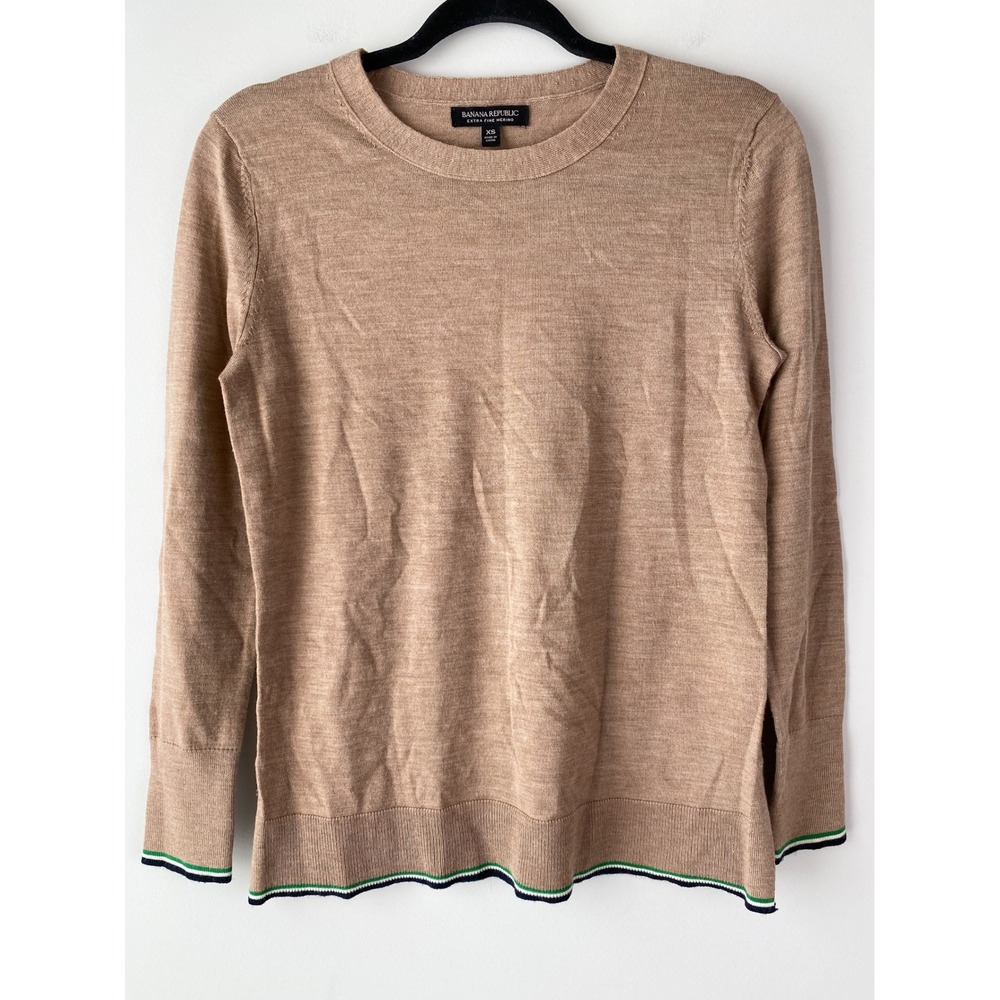 Banana Republic Womens Merino Wool Sweater XS Tan Classic Preppy Crew‎ Neck